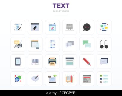 Verwandeln Sie Ihre Designs mit 24 minimalen flachen Vektorsymbolen rund um Text, die in einer perfekten Auflösung von 128x128 PIXELN für maximale Klarheit entwickelt wurden. Stock Vektor