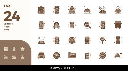 Laden Sie 24 skalierbare Glyph-gefüllte Vektorsymbole für Taxi herunter, mit perfekter Auflösung von 128x128 PIXELN, geeignet für professionelle und kreative PR Stock Vektor