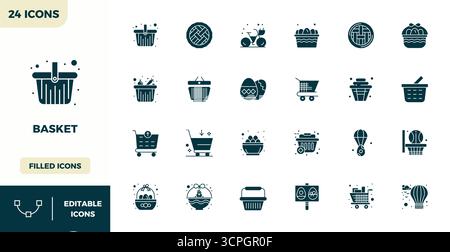 Ausgeklügeltes Paket mit 24 gefüllten Vektorsymbolen für Basket, entwickelt mit 128x128 PIXELN für professionelle Anwendungen. Stock Vektor