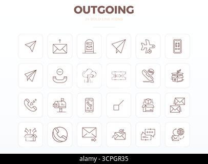 Außergewöhnliche Sammlung von 24 starken Konturvektorsymbolen für Outgoing, mit einer perfekten Auflösung von 128x128 PIXELN für unvergleichliche visuelle Spitzenqualität Stock Vektor