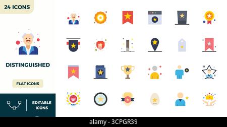 Umfassendes Toolkit mit 24 Vektorsymbolen, die sich um Distinguished drehen, entwickelt in Flat Color mit 128x128 PIXELN perfekter Präzision für vielseitige Desigts Stock Vektor