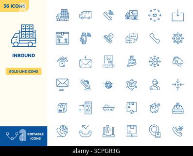 Handgefertigte Kollektion mit 36 Heavy Line Vektor-Symbolen für Inbound, optimiert in einer Auflösung von 128x128 PIXELN für erstklassige digitale Erlebnisse Stock Vektor