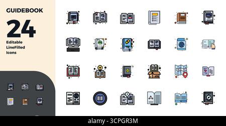 Handgefertigte Kollektion mit 24 Duotone-Vektorsymbolen für Guidebook, optimiert in einer perfekten Auflösung von 128x128 PIXELN für erstklassige digitale Erlebnisse. Stock Vektor