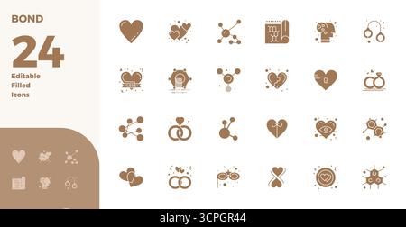 Professionelle Sammlung von 24 Glyph-gefüllten Vektorsymbolen, die Bond repräsentieren, gefertigt mit 128x128 PIXEL perfekter Präzision für Unternehmensanwendungen Stock Vektor