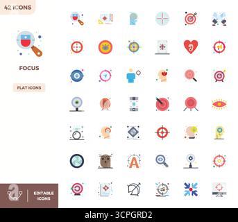 Laden Sie 42 skalierbare flache Farbvektorsymbole herunter, die speziell für den Fokus entwickelt wurden, mit einer Auflösung von 128x128 PIXELN, die für professionelle und kreative Profis geeignet sind Stock Vektor