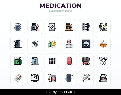Zukunftsweisendes Paket mit 24 Vektorsymbolen rund um Medikamente und LineFill-Design mit 128x128 PIXELN für innovative Anwender Stock Vektor