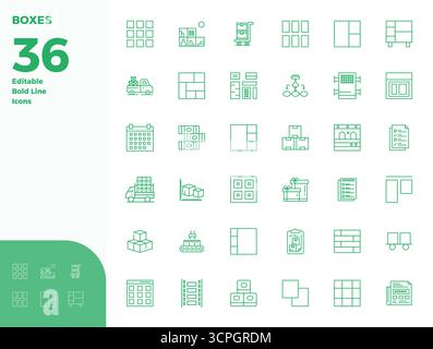 Innovatives Paket mit 36 Vektorsymbolen rund um Boxen, das Bold Line Design im perfekten Format mit 128x128 PIXELN für moderne digitale Lösungen präsentiert. Stock Vektor