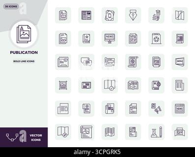 Ausgeklügeltes Paket mit 36 Bold Line Vektorsymbolen für Publikationen, entwickelt mit 128x128 PIXELN perfekte Klarheit für professionelle Anwendungen. Stock Vektor