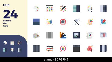 Hochwertige Sammlung von 24 flachen Vektorsymbolen für Hue, akribisch in einer perfekten Auflösung von 128x128 PIXELN für überragende visuelle Wirkung gefertigt. Stock Vektor