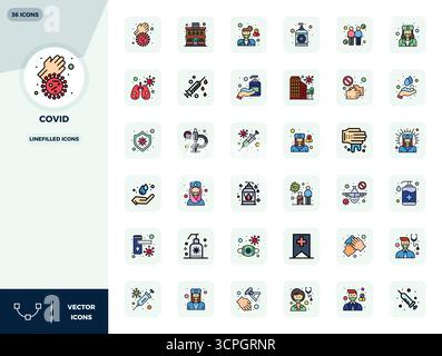 Sorgfältig kuratierte 36 LineFilled Vektorsymbole für COVID mit einer perfekten Auflösung von 128x128 PIXELN für eine konsistente Markendarstellung und Anwendererfahrung Stock Vektor
