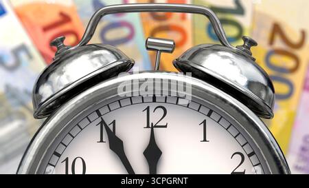 5 bis 12 – Wecker mit Euro-Noten im Hintergrund Stockfoto