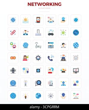 Set aus 42 minimalen flachen PIXELN Perfect Vektorsymbolen, die rund um das Thema Networking stehen, in einer Auflösung von 128x128 für eine nahtlose Integration in Apps und Websites Stock Vektor