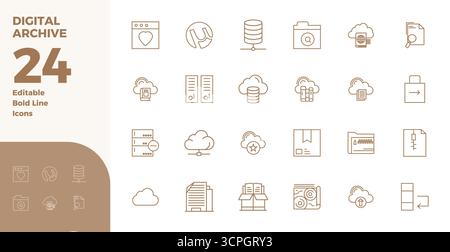 Laden Sie 24 skalierbare Bold-Line-Vektorsymbole für digitales Archiv herunter, die mit einer Auflösung von 128x128 PIXELN perfekt für Profis und cre geeignet sind Stock Vektor