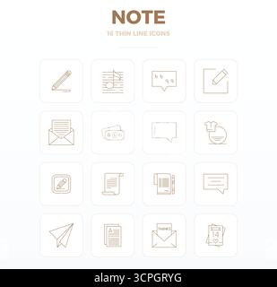 Optimierter Satz von 16 Vektorsymbolen für Note in Thin Outline Ästhetik mit einer perfekten Auflösung von 128x128 PIXELN für nahtlose Benutzererfahrungen. Stock Vektor