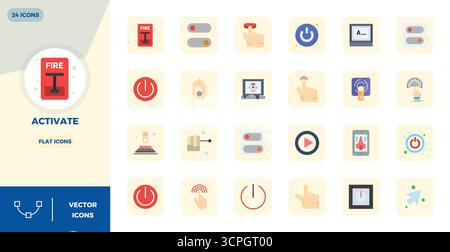 Unverkennbares Paket mit 24 PIXEL Perfect Vektor-Ikonen, inspiriert von Activate, im flachen Format in 128x128 für unvergessliche Markenerlebnisse. Stock Vektor
