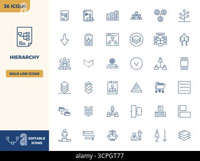 Handgefertigte Kollektion mit 36 Heavy Line Vektor-Symbolen für Hierarchie, optimiert in einer perfekten Auflösung von 128x128 PIXELN für erstklassiges digitales Erlebnis Stock Vektor