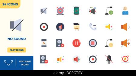 Professionell gestaltete 24 Flat Color PIXEL Perfect Vector Icons für No Sound, entwickelt mit einer Auflösung von 128x128 für fehlerfreie Integration und Leistung. Stock Vektor