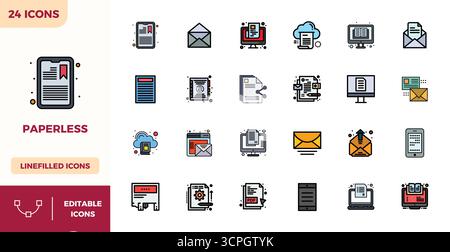 Außergewöhnliche Sammlung von 24 flachen linearen Farbvektorsymbolen für papierlos, mit einer perfekten Auflösung von 128x128 PIXELN für unvergleichliche visuelle Exzellenz Stock Vektor
