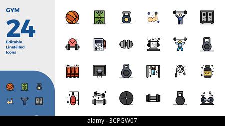 Sammlung von 24 Perfect Vektorsymbolen für Fitnessstudio mit Duotone PIXELN im Format 128x128 für Klarheit und Vielseitigkeit. Stock Vektor