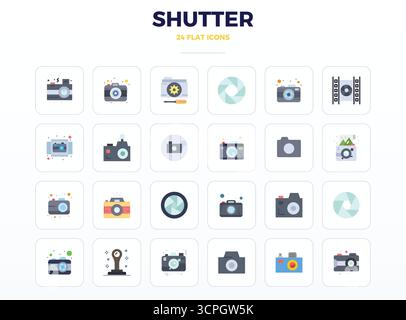 Leistungsstarke Sammlung von 24 minimalen flachen Vektorsymbolen für Shutter, entwickelt mit einer perfekten Auflösung von 128x128 PIXELN für optimale Benutzeroberfläche d Stock Vektor