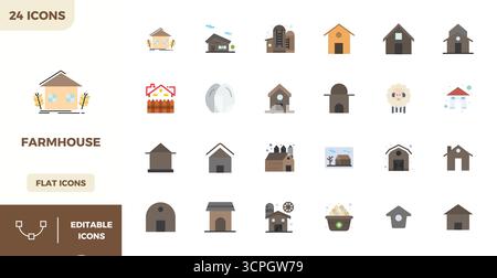 Sorgfältig gefertigte 24 Flat Color Vector Icons für Farmhouse, geliefert in 128x128 PIXEL perfekter Qualität für kompromisslose Designstandards. Stock Vektor