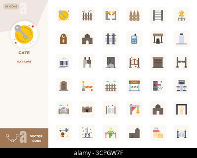 Verwandeln Sie Ihre Designs mit 36 flachen Vektorsymbolen rund um Gate, die in einer perfekten Auflösung von 128x128 PIXELN für maximale Klarheit entwickelt wurden. Stock Vektor