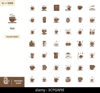 Professionelle Sammlung von 42 gefüllten Vektorsymbolen, die Tee darstellen, gefertigt mit 128x128 PIXELN, perfekter Präzision für Unternehmensanwendungen. Stock Vektor
