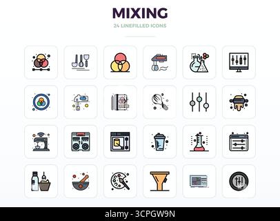Ultimative Sammlung von 24 Vektorsymbolen, die eine Mischung in LineFill-Ästhetik darstellen, optimiert mit einer perfekten Auflösung von 128x128 PIXELN für maximale Wirkung. Stock Vektor