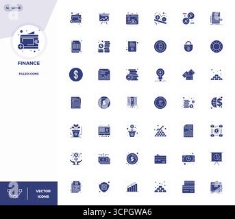 Innovatives Paket mit 42 Vektorsymbolen rund um Finance, das gefüllte Design im perfekten Format mit 128x128 PIXELN für moderne digitale Lösungen präsentiert. Stock Vektor