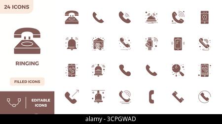 Sorgfältig kuratierte 24 gefüllte Vektorsymbole für das Klingeln, mit einer perfekten Auflösung von 128x128 PIXELN für konsistente Markendarstellung und Benutzererfahrung Stock Vektor