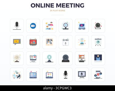 Exklusive Sammlung von 24 minimalen flachen Vektorsymbolen für Online Meeting, entwickelt mit einer perfekten Auflösung von 128x128 PIXELN für erstklassige Markenerlebnisse Stock Vektor