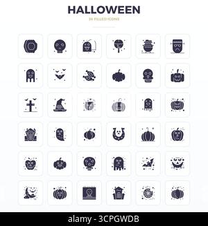 Ausgeklügeltes Paket mit 36 SolidFill Vektorsymbolen für Halloween, entwickelt mit 128x128 PIXELN perfekter Klarheit für professionelle Anwendungen. Stock Vektor