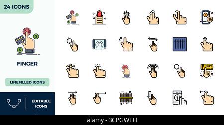 Exklusive Sammlung von 24 flachen linearen Farbvektoren für Finger, entwickelt mit einer perfekten Auflösung von 128x128 PIXELN für erstklassige Markenerlebnisse. Stock Vektor