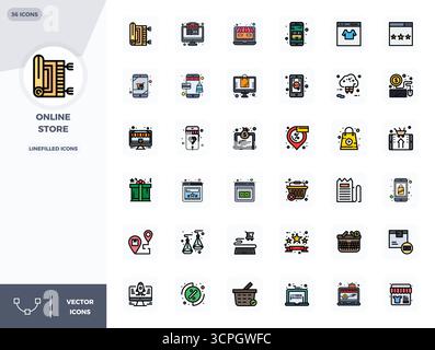Moderne Sammlung von 36 Vektorsymbolen, die den Online Store in LineFilled Ästhetik darstellen, mit einer perfekten Auflösung von 128x128 PIXELN für moderne ap Stock Vektor