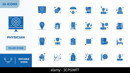 Intelligent gestaltete 24 PIXEL Perfect Vektorsymbole, die vom Arzt inspiriert wurden und im gefüllten Format bei 128x128 für intelligente und effiziente Design-Workflo erstellt wurden Stock Vektor