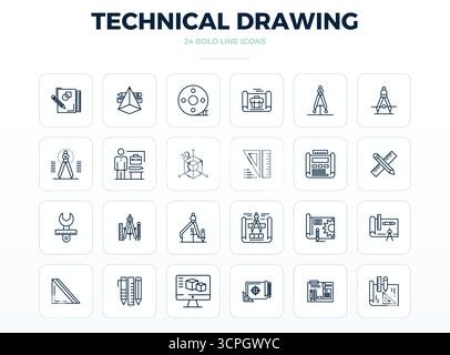 Strategisches Paket mit 24 Vektorsymbolen, die technische Zeichnungen in starkem Outline-Format darstellen, optimiert mit 128x128 PIXELN perfekte Qualität für p Stock Vektor