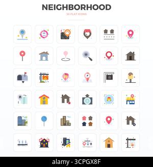 Essential Pack mit 36 PIXEL Perfect Vektor-Symbolen für Nachbarschaft im Minimal Flat-Format, Größe 128x128 für optimale Leistung und Skalierbarkeit. Stock Vektor