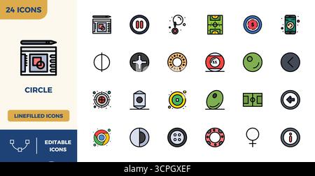 Außergewöhnliche Sammlung von 24 flachen linearen Farbvektorsymbolen für Circle, mit einer perfekten Auflösung von 128x128 PIXELN für unvergleichliche visuelle Exzellenz Stock Vektor