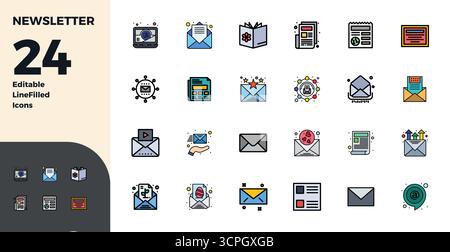 Zeitgenössische Sammlung von 24 Vektorsymbolen, die Newsletter in Duotone-Ästhetik repräsentieren, mit 128x128 PIXEL perfekter Auflösung für moderne Anwendungen Stock Vektor