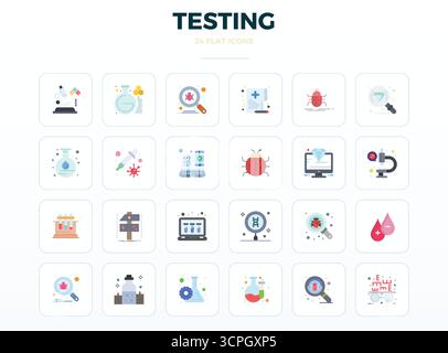 Eine übersichtliche Sammlung von 24 minimalen flachen Vektorsymbolen, die Tests darstellen, im perfekten Format mit 128x128 PIXELN für moderne Dashboards und Schnittstellen Stock Vektor