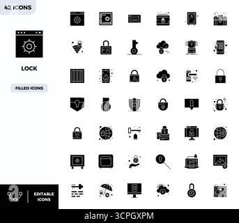 Professionelle Sammlung von 42 gefüllten Vektorsymbolen, die Lock darstellen, gefertigt mit 128x128 PIXELN perfekter Präzision für Unternehmensanwendungen. Stock Vektor