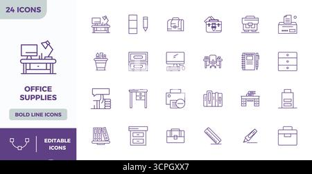 Innovatives Paket mit 24 Vektorsymbolen rund um Bürobedarf, das Heavy Line Design im perfekten Format mit 128x128 PIXELN für moderne digitale Lösungen präsentiert Stock Vektor