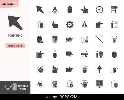 Umfassendes Toolkit mit 36 Vektorsymbolen, die sich um das Zeigen drehen, entwickelt mit perfekter Präzision von 128x128 PIXELN für vielseitige Designanwendungen Stock Vektor