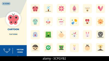 Diese Kollektion enthält 24 perfekte Vektorsymbole mit flachen PIXELN, die auf das Cartoon-Thema zugeschnitten sind und im Format 128x128 für digitales Design optimiert sind. Stock Vektor