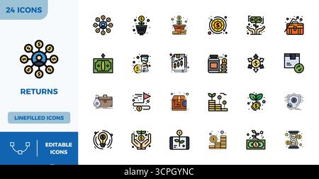 Dieses Paket mit Vektor-Symbolen enthält 24 flache lineare Farbdesigns im perfekten Format 128x128 PIXEL, perfekt für die Verbesserung digitaler Schnittstellen. Stock Vektor