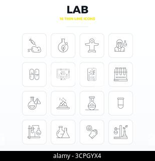 Optimieren Sie Ihre Projekte mit 16 dünnen Konturvektorsymbolen rund um das Labor, mit einer perfekten Auflösung von 128x128 PIXELN, ideal für saubere und professionelle Anwendungen Stock Vektor