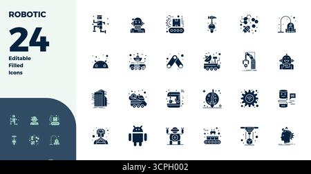 Dieses Paket mit Robotic Vector Icon enthält 24 mit Glyphen gefüllte Designs im perfekten Format mit 128x128 PIXELN, perfekt für die Verbesserung digitaler Schnittstellen. Stock Vektor