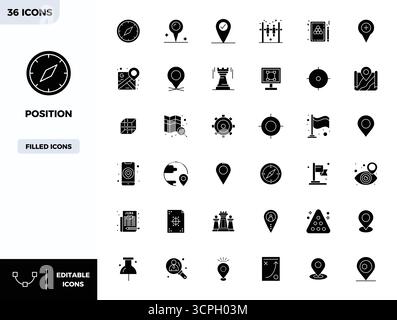 Erstklassige Sammlung von 36 gefüllten Vektorsymbolen für die Positionierung, akribisch in einer perfekten Auflösung von 128x128 PIXELN für überragende visuelle Wirkung. Stock Vektor