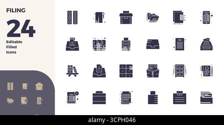 Zeitgenössische Sammlung von 24 Vektorsymbolen, die die Archivierung in Glyphe-gefüllter Ästhetik darstellen, mit 128x128 PIXEL perfekter Auflösung für moderne Anwendungen Stock Vektor
