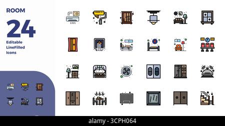 Hochwertige Sammlung von 24 Duotone-Vektorsymbolen für Room, akribisch gefertigt in einer perfekten Auflösung von 128x128 PIXELN für überragende visuelle Wirkung. Stock Vektor